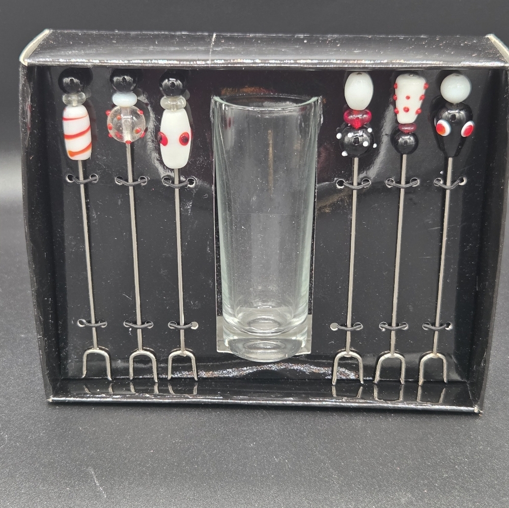 Bombay Decorative Cocktail Fork Pick Set - Black, Red, White Fruits Celebration
